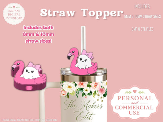Straw Topper 3D Printer File | Ghost Flamingo Pool Float STL 3MF | Fits 10mm & 8mm Straws | STL 3MF | Commercial Use | Tumbler Accessories
