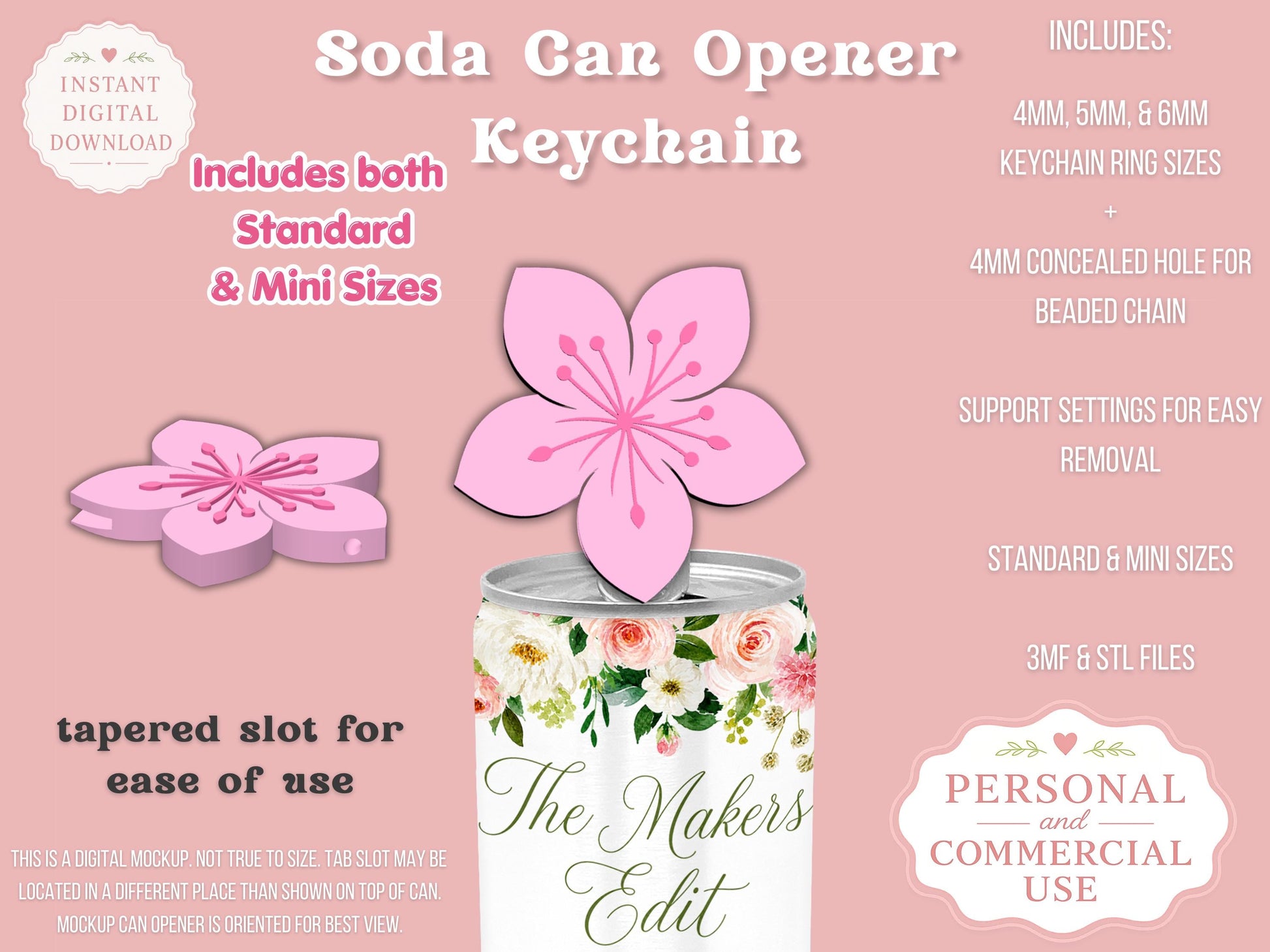 Soda Can Tab Opener Keychain 3D Printer File | Cherry Blossom STL 3MF | Commercial Use | Nail Saver Keychain
