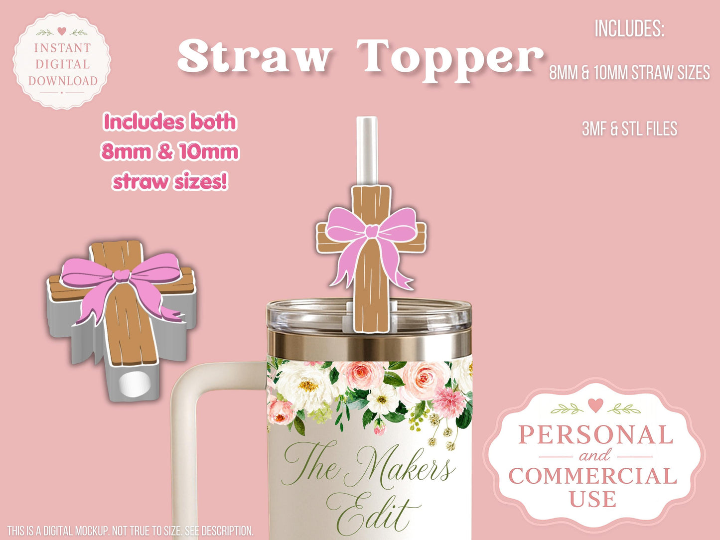 Straw Topper 3D Printer File | Cross Coquette Bow STL 3MF | Fits 10mm & 8mm Straws | STL 3MF | Commercial Use | Tumbler Accessories