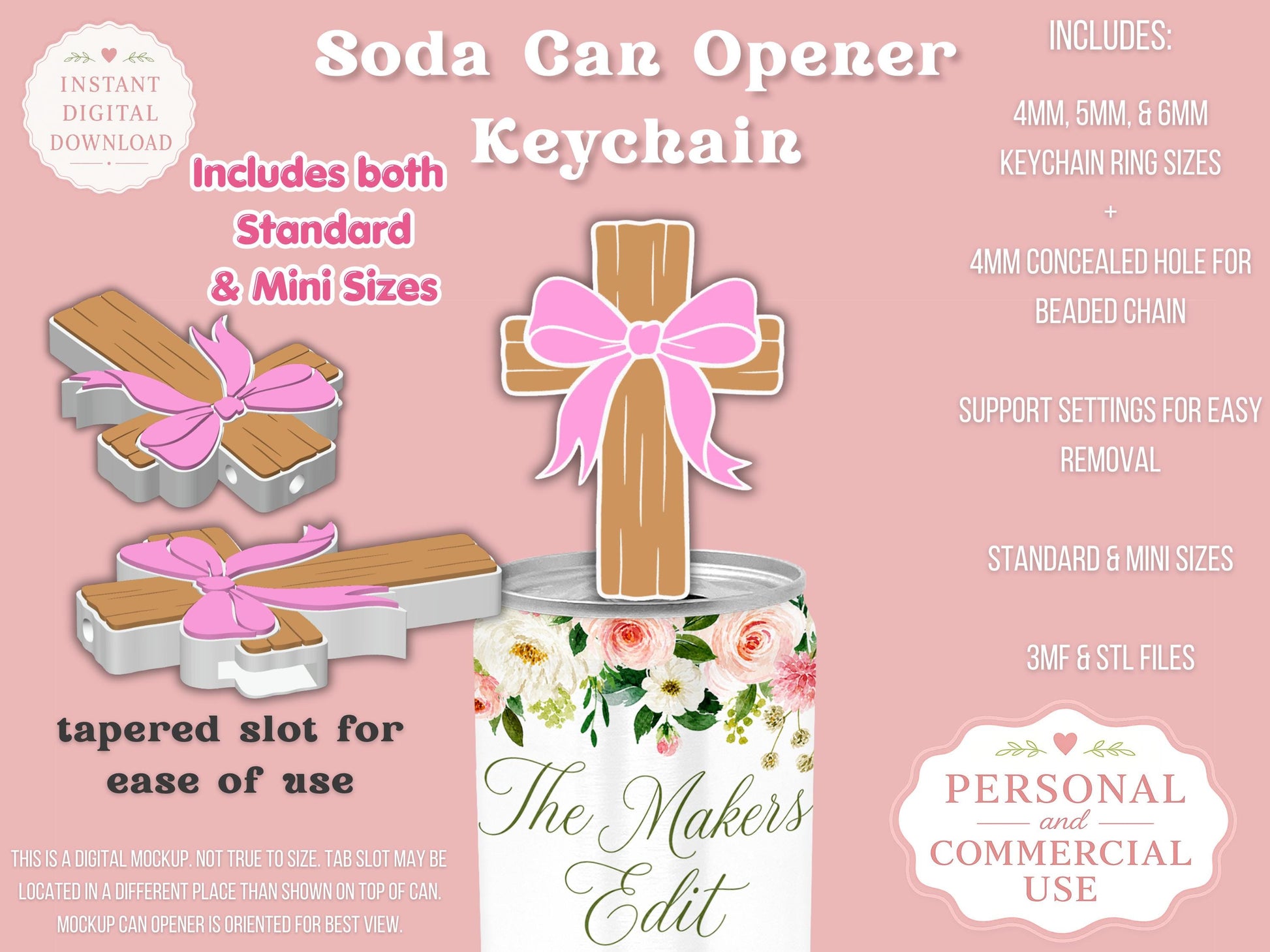 Soda Can Tab Opener Keychain 3D Printer File | Cross Coquette Bow STL 3MF | Commercial Use | Nail Saver Keychain