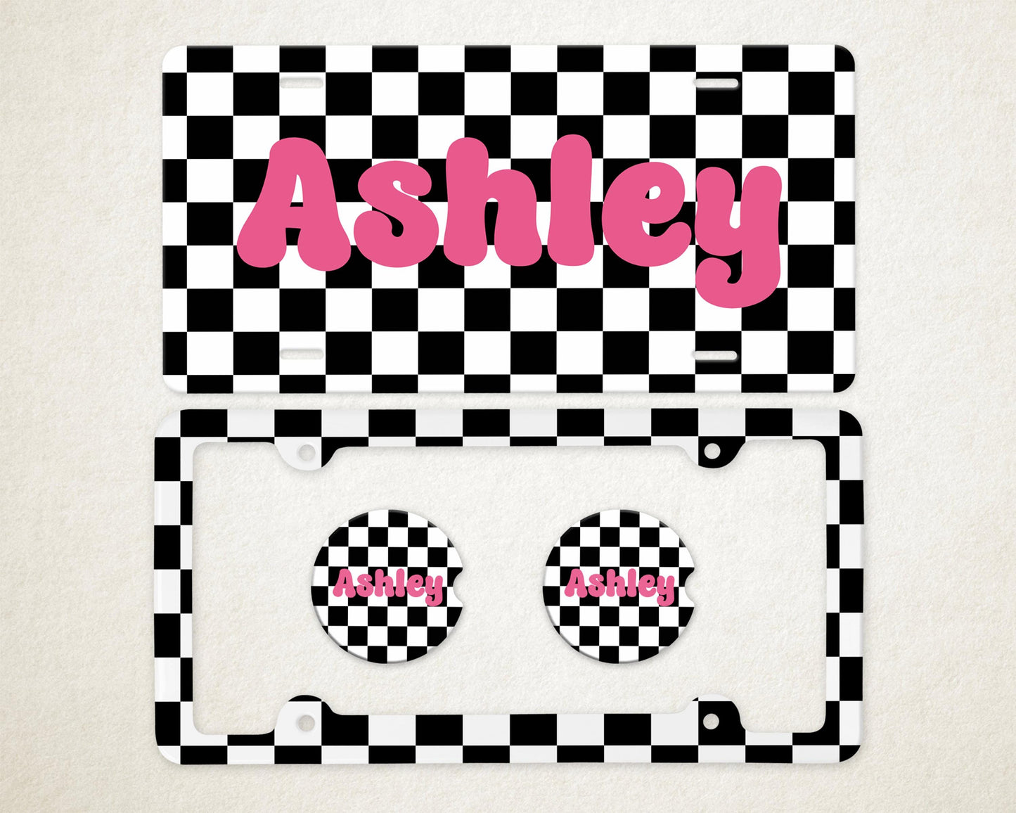 Personalized Car Accessories Set | Front License Plate, License Plate Frame, and Coasters | Checkered Retro Bubble Letters