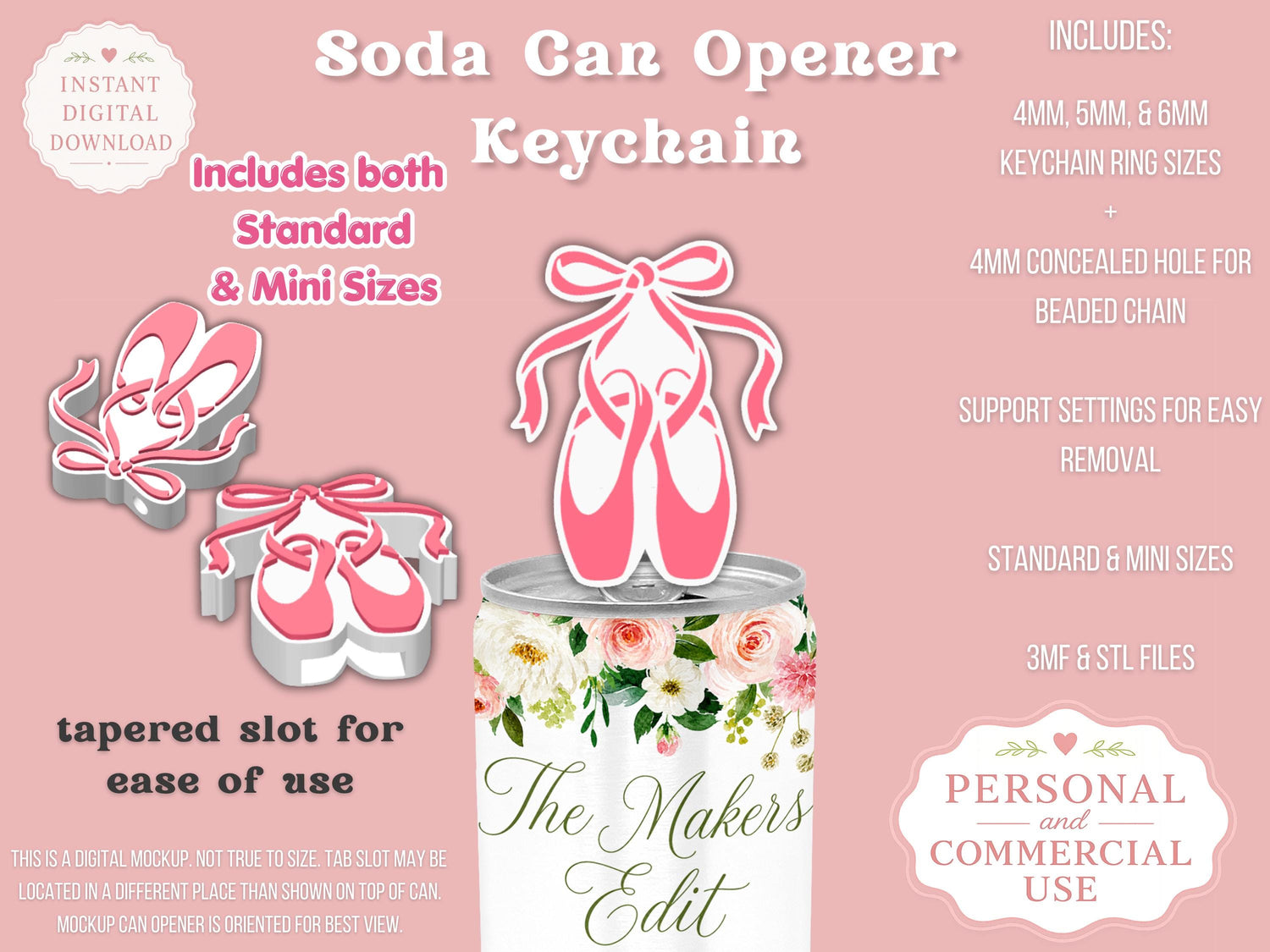 Soda Can Tab Opener Keychain 3D Printer File | Ballet Shoes Dance | STL 3MF | Commercial Use | Nail Saver Keychain