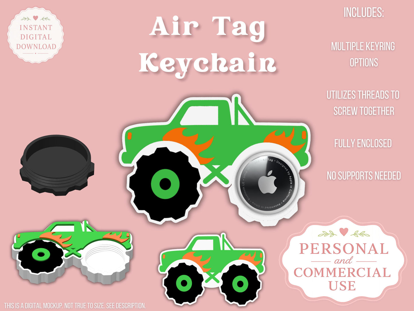 AirTag Holder Keychain | Monster Truck | STL 3MF