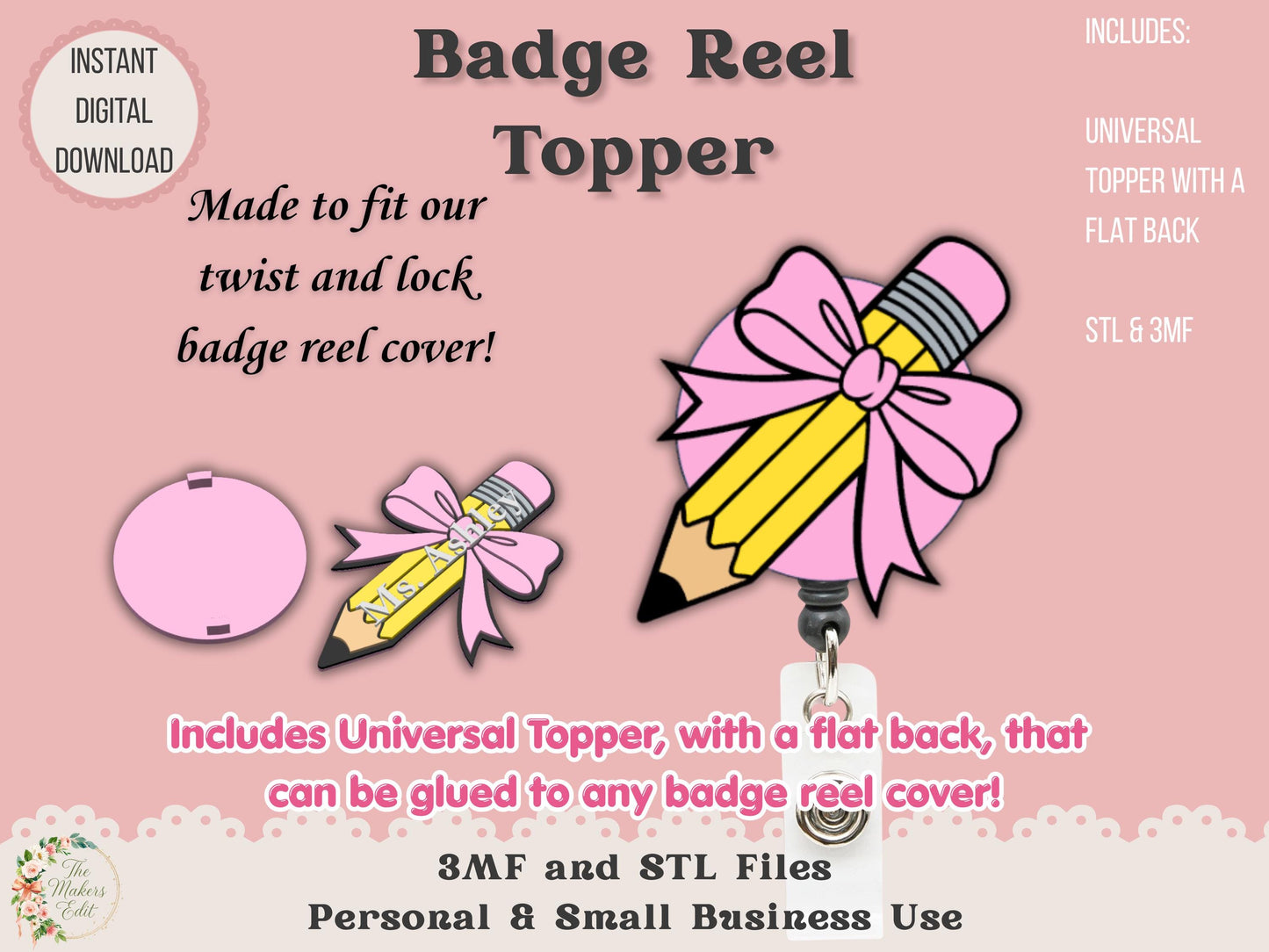 Badge Reel Topper 3D Printer File | Pencil Coquette Bow STL 3MF | Teacher