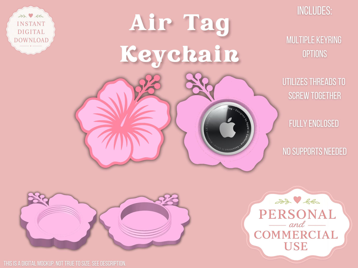 AirTag Holder Keychain | Hibiscus Flower | STL 3MF