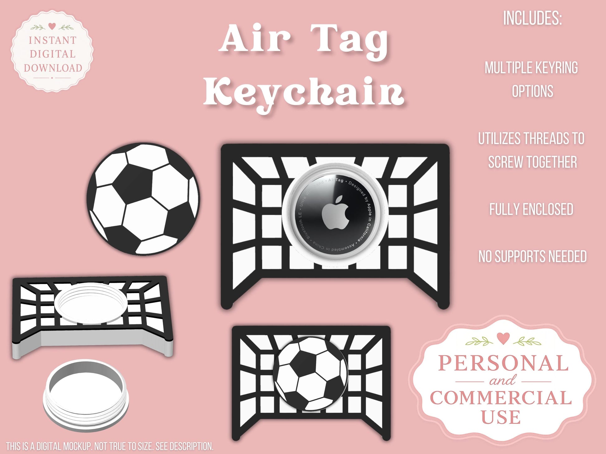 AirTag Holder Keychain | Soccer Ball with Goal Net | STL 3MF
