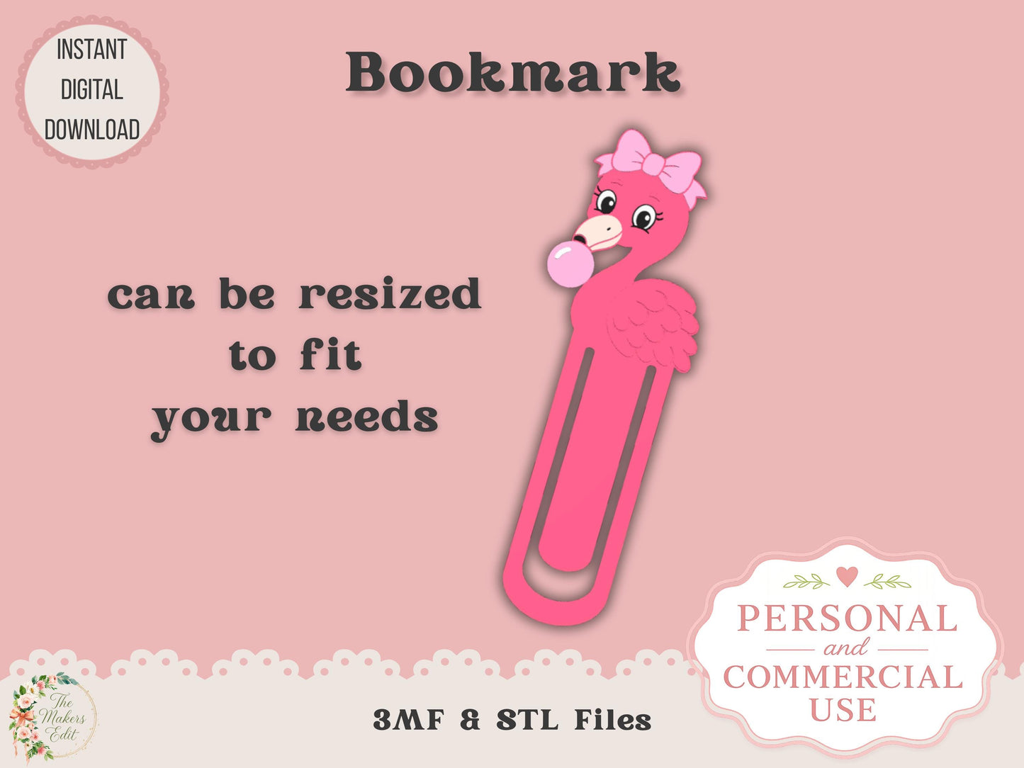 Bookmark 3D Printer File | Flamingo Bubblegum STL 3MF | Commercial Use