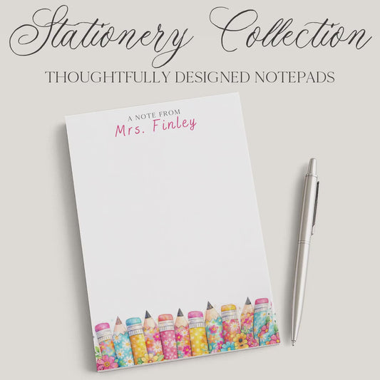 Personalized Teacher Notepad | Pink Floral Print Pencils | Teacher Appreciation Gift
