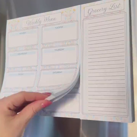 Weekly Menu & Grocery List Magnetic Notepad Set | 110 sheets | Blue | Floral | Grandmillennial Style | Mother's Day Gift Idea