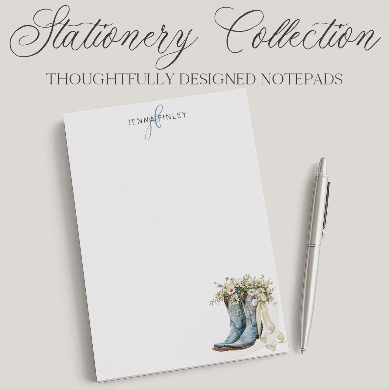 Personalized Floral Notepad | Blue Flower Cowgirl Boots | Coquette Bow & Daisies | Mother's Day Gift Idea